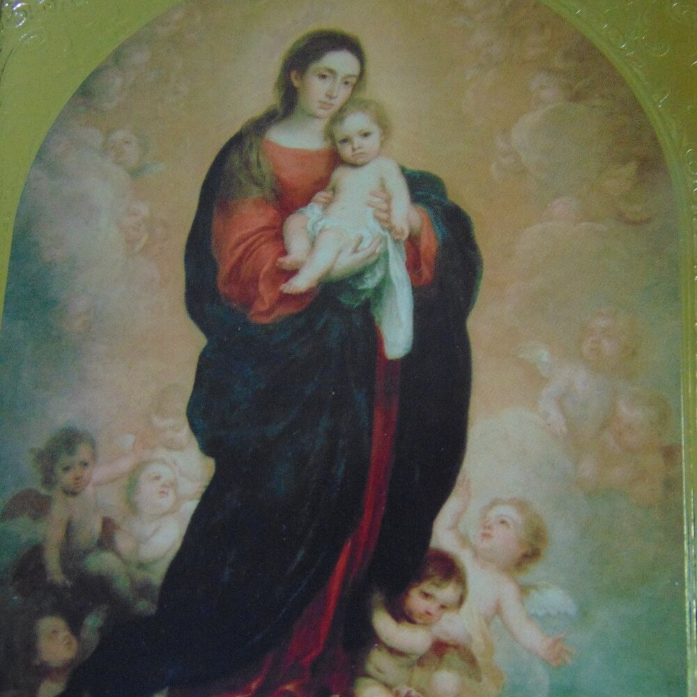Mary holding Baby Jesus, Surrounded by Angels, Vintage Gold Metal Frame. 8 x 10